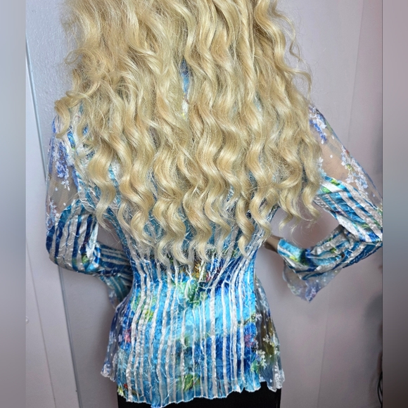 Caché Vintage Blue Abstract Floral Mesh Lace Button Up Blouse Crinkle Texture S - Picture 7 of 10